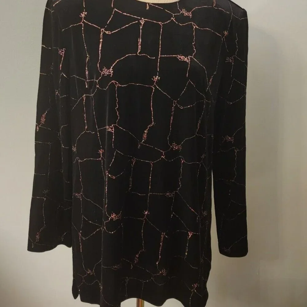 R&M Richards Karen Kwong Vintage Black Velvet Multi-Color Sparkle Tunic Size 14 - Picture 2 of 11